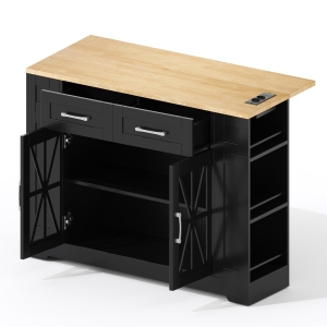Keukeneiland met klapbare eettafel, uitschuifbaar werkblad 120 cm (+25 cm klep) voor extra diepte, geïntegreerde 2×AC en 2×USB-aansluitingen, 2 glazen deuren met verstelbare planken, 6 open vakken en ruime lades, MDF houtlook, 4 zwenkwielen (2 met rem), 120X65X92 cm, zwart en naturel
