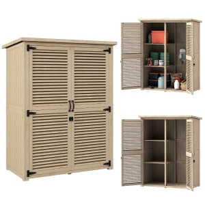Outsunny Armario de Jardín 0,83 m² 127x65x168 cm con 2 Puertas de Persiana 2 Estantes 2 Asas y Techo Impermeable Natural