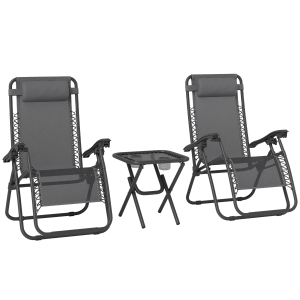 Outsunny 3pcs Folding Zero Gravity Chairs Sun Lounger Table Set w/ Cup Holders Reclining Garden Yard Pool, Dark Grey
