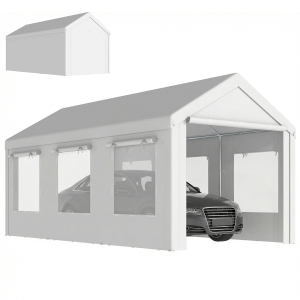 Outsunny Abri de Voiture Tente de Garage Protection UV30+ Hauteur Réglable 6 Fenêtres et Moustiquaire 3x6m Blanc