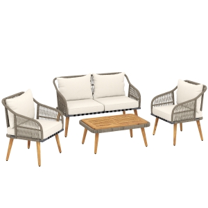 Outsunny 4 Piece Rattan Garden Furniture Set with Loveseat, Armchairs, Wood Table, Wicker Patio Conversation Set, Cream White