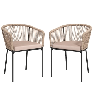 Outsunny Garden Chairs Set of 2, Rattan Garden Dining Chairs with String Back Armrests, Cushions, Natural Wood Finish