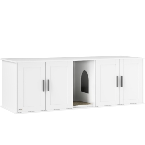 PawHut Cat Litter Box Enclosure, Hidden Kitty Litter Box with Scratching Board, 2 Cabinets, Cat House End Side Table TV Stand for 2 Cats, White