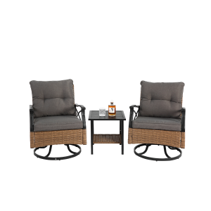 Outdoor-Dreh-Schaukelstuhl-Set, 3er-Set mit 1 Tisch und 2 Schaukelstühlen, 360° Dreh- und Schaukelfunktion, Braun+Grau