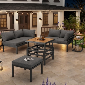 4-5 Seater Outdoor Furniture Set with Extendable Lift-Top Coffee Table, Versatile Outdoor Sofa Set for Patio, 224L x 56W x 65H cm, Gray