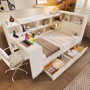Multi-Functional Single Daybed with Bookcase & Computer Desk, Space-Saving Bed Frame with Ergonomic Desk, 63L x 114W x 100H cm, White