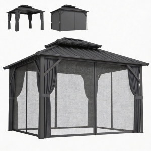 Outsunny Gazebo 3 x 3,6 m à Toit Rigide avec Toit Double en Acier Galvanisé, Structure en Aluminium, Gris Foncé
