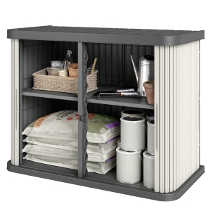 Outsunny Coffre de Rangement Extérieur 480 L, 2 Niveaux avec Portes Coulissantes Résistant aux UV, 120,5x59,5x92cm, Marron Clair
