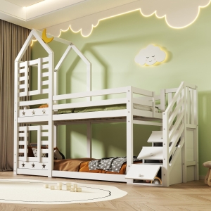 Cabin-Style Bunk Bed with Staircase Storage and Under-Bed Drawers, Stylish Bed Frame for Child's Room, 235L x 97W x 217H cm, White