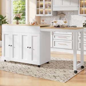 Modern Bar Table with 6 Adjustable Shelves and Storage Cabinet, Extendable Dining Table for 4–6 People, 118-180L x 50W x 94H cm, White