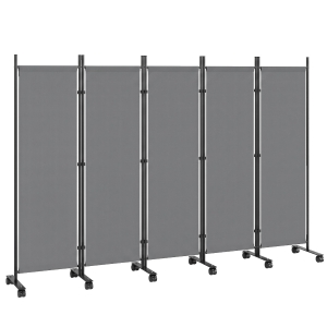 Outsunny Kamerscherm 5-delig 252 x 40 cm Vrijstaand Paravent met 12 Wielen Opvouwbaar DIY Donkergrijs