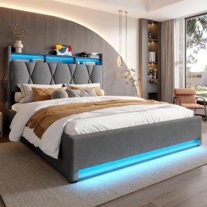 Padded Storage Bed Frame with LED Lighting and USB‑C Charging, Hydraulic Bed with Hidden Storage, 143L x 211W x 116.5H cm, Dark Gray