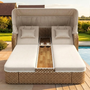 Outdoor Wicker Double Chaise Lounge with Openable Adjustable Canopy, Modern Garden Furniture Set for Patio, 160L x 192W x 137H cm, Beige
