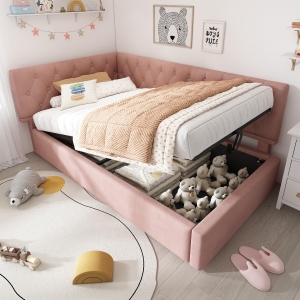 Stylish Upholstered Daybed with Hydraulic Ottoman Storage, L-Shaped Single Sofa Bed with Velvet Fabric, 196L x 100W x 77H cm, Pink