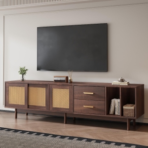 Stylish TV Stand Cabinet with Rattan Sliding Doors & 2 Drawers, Sturdy Media Console with Ample Storage, 190L x 40W x 52H cm, Wood