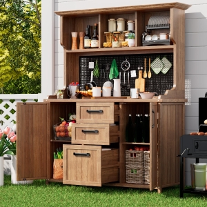 Freestanding Outdoor Cupboard with Drawers, Pegboard and Shelves, Sturdy Storage Cabinet for Kitchen, 120L x 50W x 185H cm, Natural