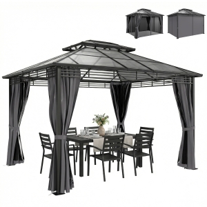 Outsunny Tonnelle de Jardin Pavillon Toit Rigide en Polycarbonate Deux Niveaux Imperméable UV50+ 356x296x285cm Gris Foncé