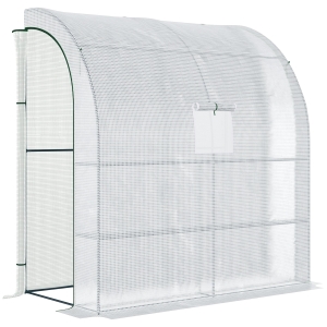 Outsunny Walk-In Lean to Wall Greenhouse with Windows and Doors, Outdoor Green House with 3 Tiers 4 Wired Shelves, 200L x 100W x 215Hcm, White