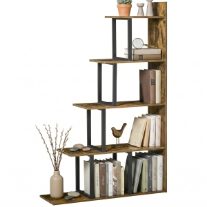 HOMCOM Étagère bibliothèque séparateur de pièce style industriel en escalier 5 étagères 102 x 30 x 160 cm, brun rustique