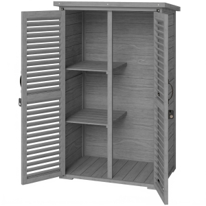 Outsunny Armoire de Jardin Remise Pour Outils en Bois 2 Étagères Toit Bitumé Portes Persiennes Verrouillable 75 x 50 x 118cm Gris