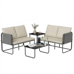 Outsunny Conjunto de Jardim de 4 peças Móveis de Exterior com 2 Sofás de 2 Lugares 2 Mesas de Vidro Almofadas Capas Removíveis Preto e Bege