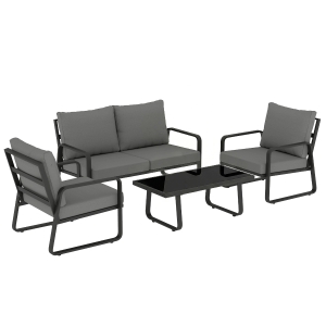 Outsunny 4 Piece Garden Furniture Set, Outdoor Sofa Set with Loveseat, 2 Armchairs, Coffee Table and Cushions