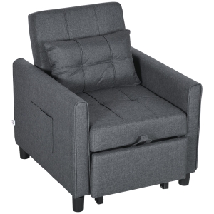 HOMCOM Fauteuil convertible 1 place 3 en 1 dossier réglable en 3 positions oreiller inclus 2 poches latérales 69x82x85cm gris
