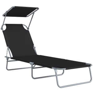 Outsunny Lettino Prendisole da Giardino Pieghevole e Regolabile con Tettuccio in Tessuto Nero, 187x58x50 cm