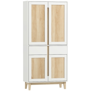 HOMCOM Buffet haut cuisine, armoire de cuisine avec 4 portes, 2 tiroirs et étagères réglables, 80x35x170cm, blanc et chêne