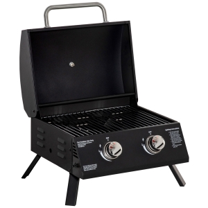 Outsunny Barbecue gaz de Table transportable Pieds Pliables - 2 brûleurs 5 KW - Barbecue gaz de Camping - Grille de Cuisson, réceptacle Graisse, thermomètre - Acier de Qualité Alimentaire Noir