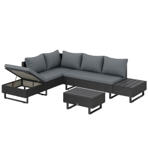 Outsunny 5 Seater Rattan Garden Furniture Set, L Shaped Garden Corner Sofa, Adjustable Back, Faux Wood Table, Dark Grey