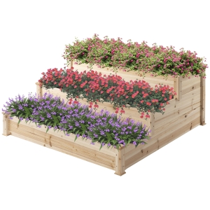 Outsunny Carré Potager de jardin en Bois massif, Jardinière Surélevé en Escalier 3 Niveaux, 120 x 120 x 56 cm, effet Bois Naturel
