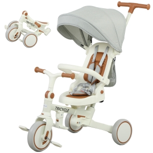 AIYAPLAY Tricycle bébé évolutif 5 en 1, tricycle enfant pliable avec poignée réglable, capote amovible, pour 1-3 ans, crème