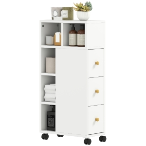 HOMCOM Meuble de salle de bain à roulettes, meuble de rangement étroit, 3 tiroirs, 5 compartiments ouverts,  20x40x80cm, blanc