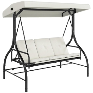 Outsunny 3 Seater Canopy Swing Chair, 2 in 1 Garden Swing Seat Bed, with Adjustable Canopy and Metal Frame, Cream White