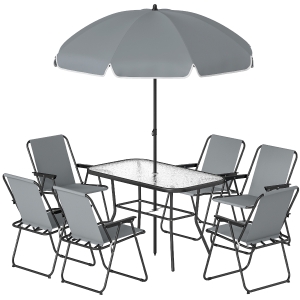 Outsunny Salon de jardin extérieur 8 pièces, table de jardin extérieure 6 chaises Pliantes parasol plateau en Verre Trempé, Gris