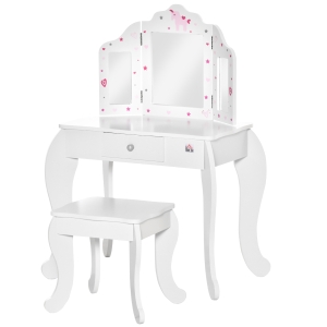 HOMCOM Coiffeuse Enfant avec Tabouret, Miroir triptyque et tiroir Coulissant - Coiffeuse dim. 63L x 40l x 85,5H cm