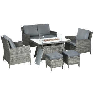 Outsunny 6 Seater Rattan Garden Furniture Set, Gas Fire Pit Table, Wicker Loveseat, 2 Armchairs and 2 Footstools, 6 Piece Patio Rattan furniture Sofa Sets with Cushions for Conservatory, Grey