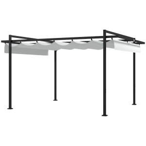 Outsunny Cenador de Jardín 3x4 m con Techo Retráctil de Poliéster y 12 Orificios de Drenaje Pérgola para Terraza Blanco y Gris