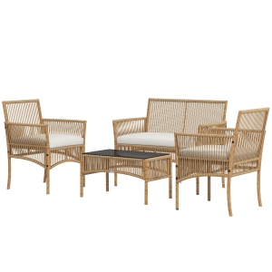 Outsunny Ensemble salon de jardin 4 pièces canapé 2 places 2 fauteuils 1 table basse plateau verre trempé