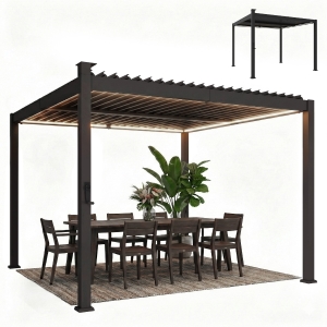 Outsunny Pergola bioclimatique 3x3m avec lumières LED solaires, pergola à lames orientables, gouttières, noir