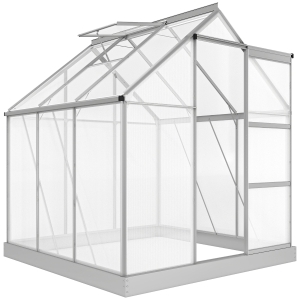 Outsunny 6 x 6ft Walk-In Greenhouse, Polycarbonate Greenhouse with Sliding Door, Window, Aluminium Frame, Foundation, Silver