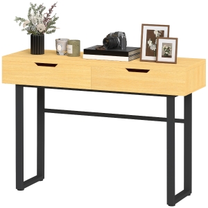 HOMCOM Console meuble 110 cm, table console étroite avec 2 tiroirs, cadre en métal et design sans poignées, bois naturel