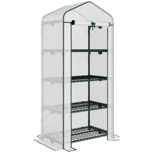Outsunny Invernadero de Exterior con 4 Estantes, Invernadero Pequeño con Puerta Enrollable, Marco de Acero y Cubierta de PE 140g/㎡, Anti-UV para Plantas, Macetas, Flores, 70x50x160 cm, Blanco