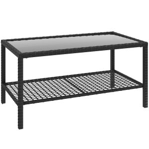 Outsunny Măsuță de Cafea din Ratan pe 2 Niveluri cu Raft, Blat din Sticlă Securizată, Măsuță de Exterior cu Cadru din Oțel, 92x50x45 cm, Negru