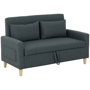 HOMCOM Sofá 2 Lugares Estofado em Linho Sintético com 2 Almofadas Espaço de Armazenamento Bolsos Laterais 135x71x84 cm Cinza Escuro
