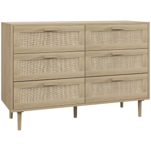 HOMCOM Cassettiera 6 Cassetti in Legno e Rattan Stile Boho per Soggiorno e Camera da Letto, 110x40x75 cm