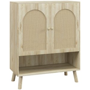 HOMCOM Dulap Multifuncțional în Stil Boho cu Uși din Ratan și Raft Deschis, 80x38x100cm, Stejar