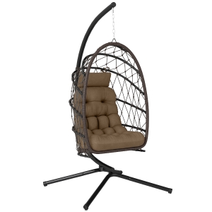 Outsunny Cadeira Suspensa Tipo Ovo com Suporte, Cesto Dobrável, Almofada, Apoio de Cabeça e Corda, Suporta até 120 kg, Castanha