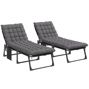 Outsunny Conjunto de 2 Espreguiçadeiras Dobráveis com Apoio de Cabeça, Almofadas, Bolso Lateral e Encosto Reclinável em 5 Posições, Cinzento Escuro